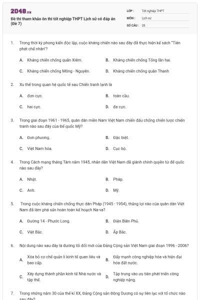 Đề thi tham khảo ôn thi tốt nghiệp THPT Lịch sử có đáp án (Đề 7)