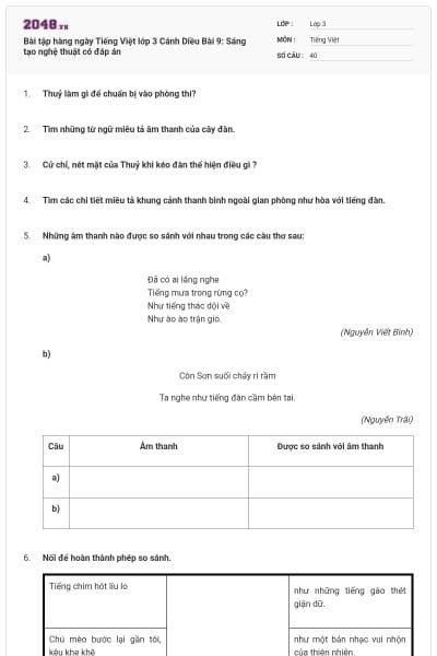 Bài tập hàng ngày Tiếng Việt lớp 3 Cánh Diều Bài 9: Sáng tạo nghệ thuật có đáp án