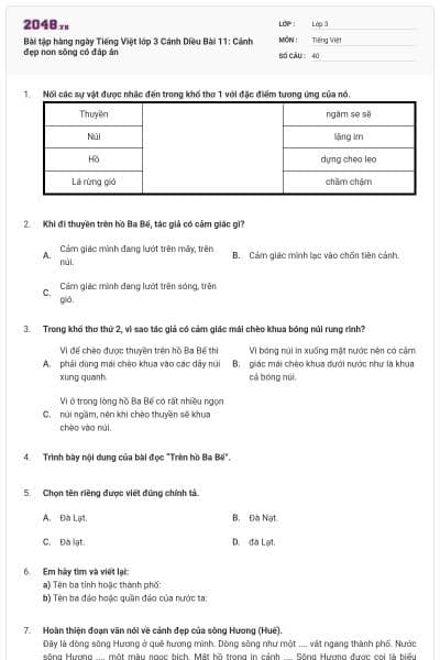 Bài tập hàng ngày Tiếng Việt lớp 3 Cánh Diều Bài 11: Cảnh đẹp non sông có đáp án