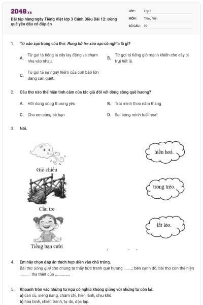 Bài tập hàng ngày Tiếng Việt lớp 3 Cánh Diều Bài 12: Đồng quê yêu dấu có đáp án