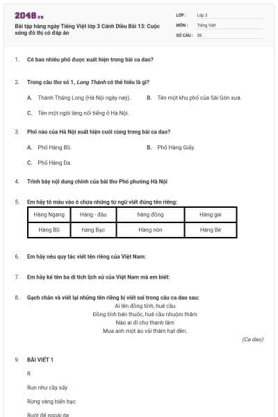 Bài tập hàng ngày Tiếng Việt lớp 3 Cánh Diều Bài 13: Cuộc sống đô thị có đáp án