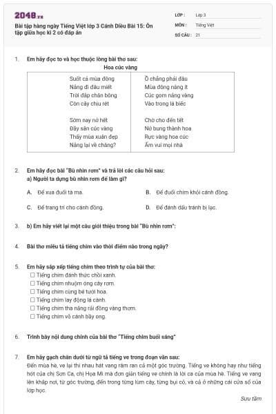 Bài tập hàng ngày Tiếng Việt lớp 3 Cánh Diều Bài 15: Ôn tập giữa học kì 2 có đáp án