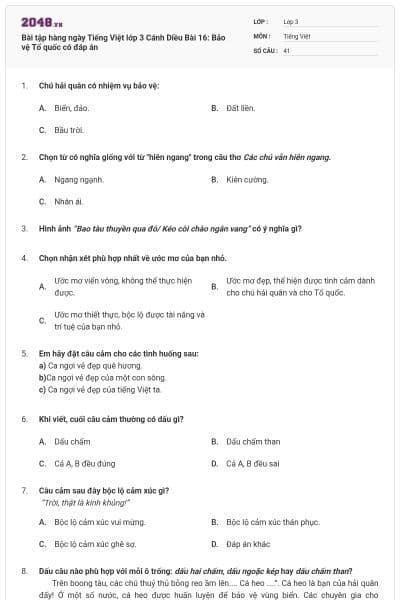 Bài tập hàng ngày Tiếng Việt lớp 3 Cánh Diều Bài 16: Bảo vệ Tổ quốc có đáp án