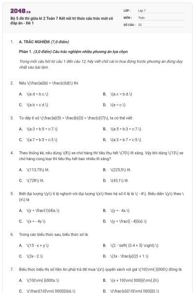 Bộ 5 đề thi giữa kì 2 Toán 7 Kết nối tri thức cấu trúc mới có đáp án - Đề 1