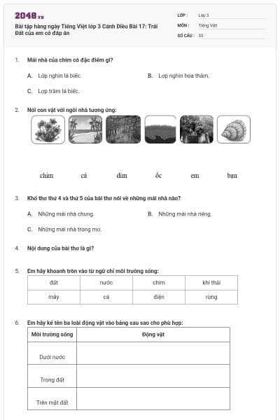 Bài tập hàng ngày Tiếng Việt lớp 3 Cánh Diều Bài 17: Trái Đất của em có đáp án