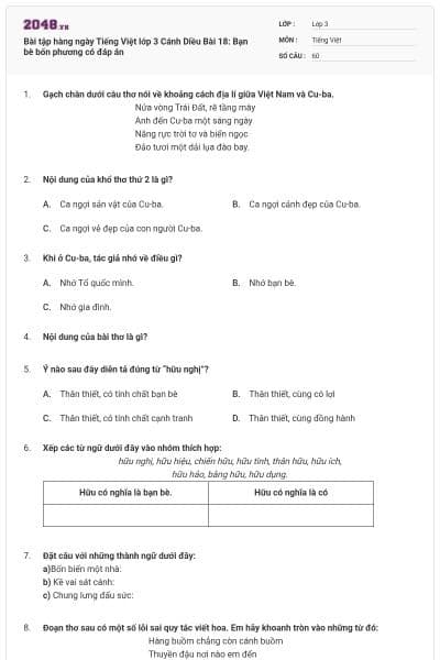 Bài tập hàng ngày Tiếng Việt lớp 3 Cánh Diều Bài 18: Bạn bè bốn phương có đáp án