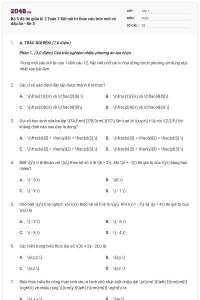 Bộ 5 đề thi giữa kì 2 Toán 7 Kết nối tri thức cấu trúc mới có đáp án - Đề 3
