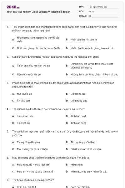 100+ câu trắc nghiệm Cơ sở văn hóa Việt Nam có đáp án
