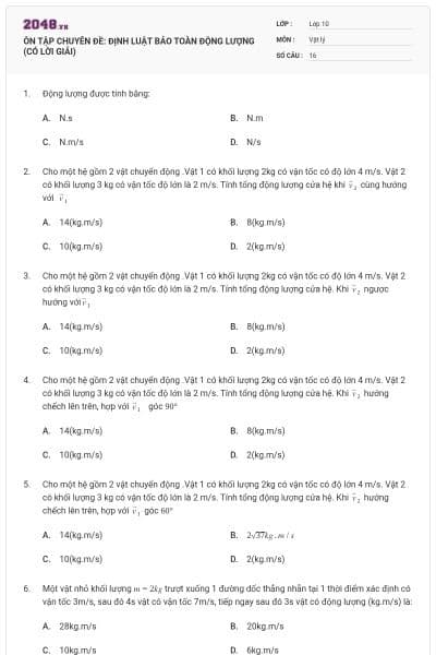 ÔN TẬP CHUYÊN ĐỀ: ĐỊNH LUẬT BẢO TOÀN ĐỘNG LƯỢNG (CÓ LỜI GIẢI)