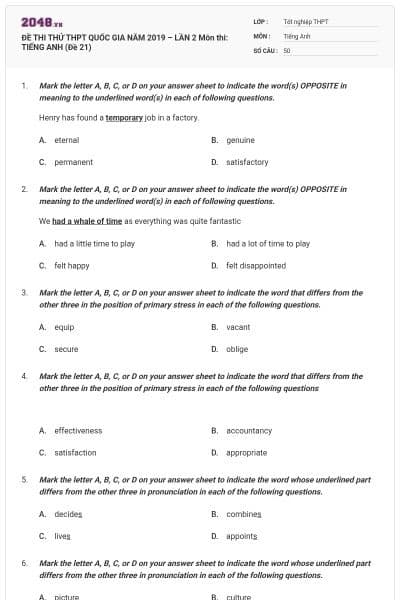 ĐỀ THI THỬ THPT QUỐC GIA NĂM 2019 – LẦN 2 Môn thi: TIẾNG ANH (Đề 21)