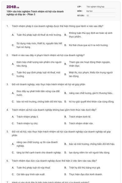 100+ câu trắc nghiệm Trách nhiệm xã hội của doanh nghiệp có đáp án - Phần 3
