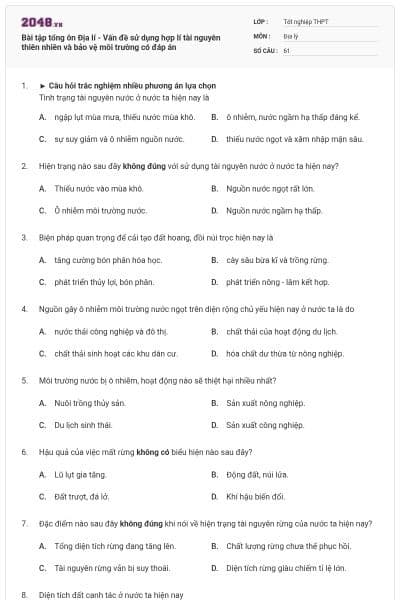 Bài tập tổng ôn Địa lí - Vấn đề sử dụng hợp lí tài nguyên thiên nhiên và bảo vệ môi trường có đáp án