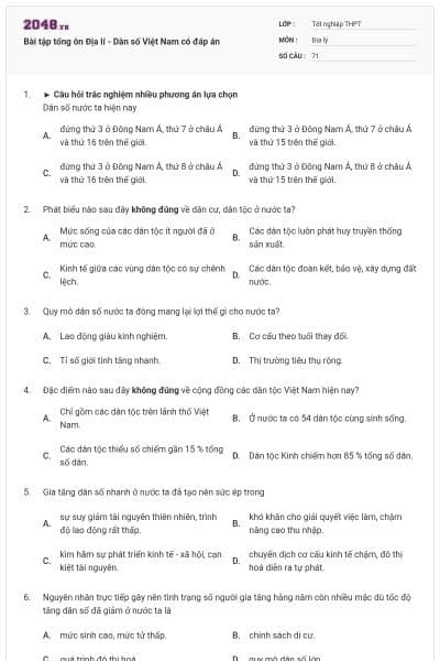 Bài tập tổng ôn Địa lí - Dân số Việt Nam có đáp án