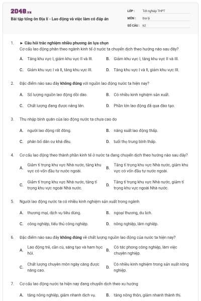 Bài tập tổng ôn Địa lí - Lao động và việc làm có đáp án