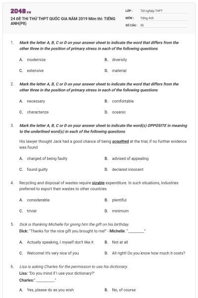 24 ĐỀ THI THỬ THPT QUỐC GIA NĂM 2019 Môn thi: TIẾNG ANH(P8)