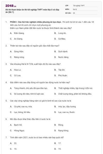 Đề thi tham khảo ôn thi tốt nghiệp THPT môn Địa lí có đáp án (Đề 1)