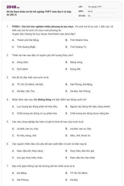 Đề thi tham khảo ôn thi tốt nghiệp THPT môn Địa lí có đáp án (Đề 2)