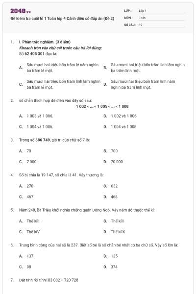 Đề kiểm tra cuối kì 1 Toán lớp 4 Cánh diều có đáp án (Đề 2)