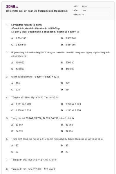 Đề kiểm tra cuối kì 1 Toán lớp 4 Cánh diều có đáp án (Đề 3)