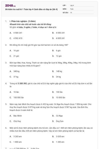 Đề kiểm tra cuối kì 1 Toán lớp 4 Cánh diều có đáp án (Đề 4)