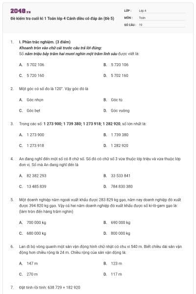 Đề kiểm tra cuối kì 1 Toán lớp 4 Cánh diều có đáp án (Đề 5)