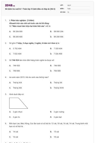 Đề kiểm tra cuối kì 1 Toán lớp 4 Cánh diều có đáp án (Đề 6)