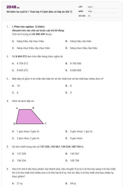 Đề kiểm tra cuối kì 1 Toán lớp 4 Cánh diều có đáp án (Đề 7)