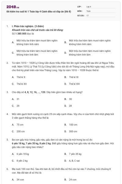 Đề kiểm tra cuối kì 1 Toán lớp 4 Cánh diều có đáp án (Đề 8)