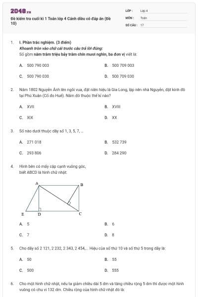 Đề kiểm tra cuối kì 1 Toán lớp 4 Cánh diều có đáp án (Đề 10)
