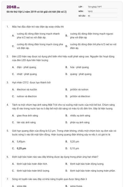 Đề thi thử Vật Lí năm 2019 có lời giải chi tiết (Đề số 2)