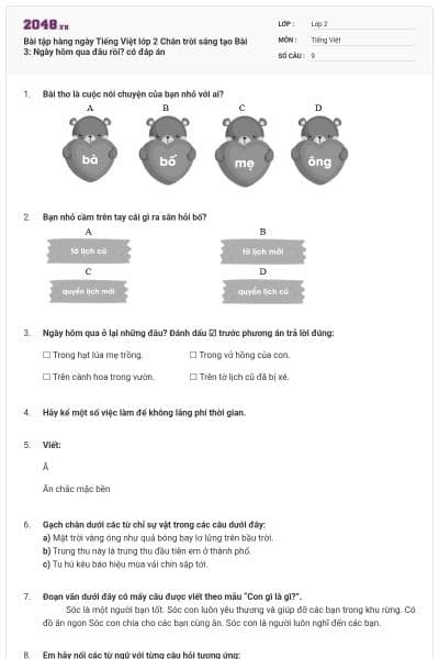 Bài tập hàng ngày Tiếng Việt lớp 2 Chân trời sáng tạo Bài 3: Ngày hôm qua đâu rồi? có đáp án