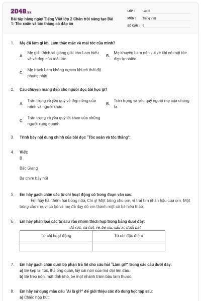 Bài tập hàng ngày Tiếng Việt lớp 2 Chân trời sáng tạo Bài 1: Tóc xoăn và tóc thẳng có đáp án