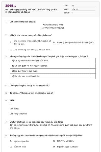 Bài tập hàng ngày Tiếng Việt lớp 2 Chân trời sáng tạo Bài 3: Những cái tên có đáp án