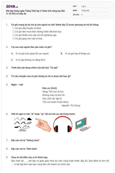 Bài tập hàng ngày Tiếng Việt lớp 2 Chân trời sáng tạo Bài 4: Cô Gió có đáp án