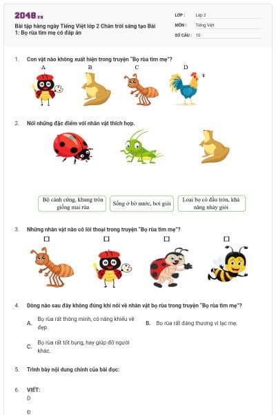 Bài tập hàng ngày Tiếng Việt lớp 2 Chân trời sáng tạo Bài 1: Bọ rùa tìm mẹ có đáp án