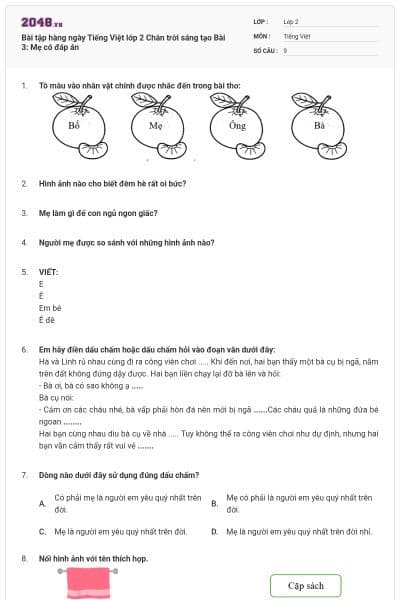 Bài tập hàng ngày Tiếng Việt lớp 2 Chân trời sáng tạo Bài 3: Mẹ có đáp án