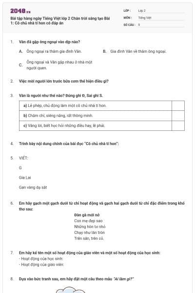 Bài tập hàng ngày Tiếng Việt lớp 2 Chân trời sáng tạo Bài 1: Cô chủ nhà tí hon có đáp án