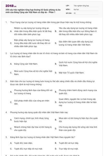 250 câu trắc nghiệm tổng hợp Đường lối Quốc phòng và An ninh của Đảng Cộng sản Việt Nam có đáp án - Phần 1