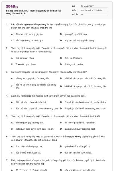 Bài tập tổng ôn KTPL - Một số quyền tự do cơ bản của công dân có đáp án