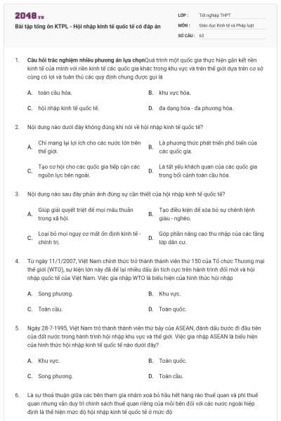 Bài tập tổng ôn KTPL - Hội nhập kinh tế quốc tế có đáp án