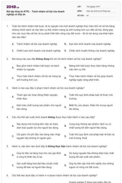 Bài tập tổng ôn KTPL - Trách nhiệm xã hội của doanh nghiệp có đáp án