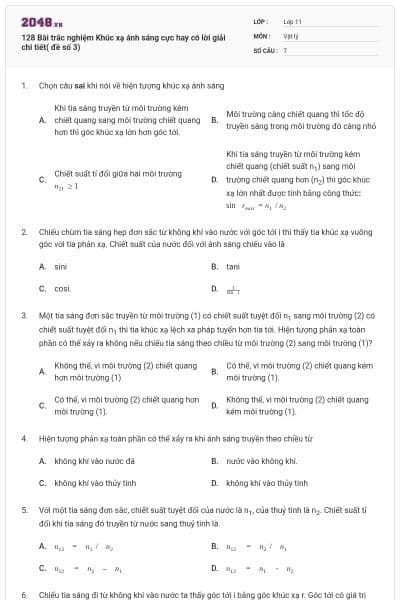 128 Bài trắc nghiệm Khúc xạ ánh sáng cực hay có lời giải chi tiết( đề số 3)