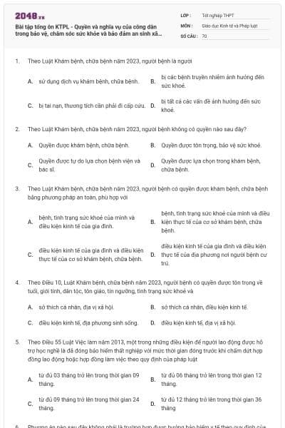 Bài tập tổng ôn KTPL - Quyền và nghĩa vụ của công dân trong bảo vệ, chăm sóc sức khỏe và bảo đảm an sinh xã hội có đáp án