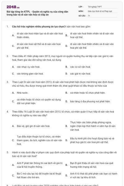 Bài tập tổng ôn KTPL - Quyền và nghĩa vụ của công dân trong bảo vệ di sản văn hóa có đáp án