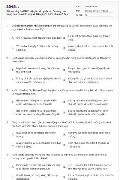 Bài tập tổng ôn KTPL - Quyền và nghĩa vụ của công dân trong bảo vệ môi trường và tài nguyên thiên nhiên có đáp án