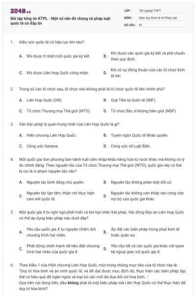 Bài tập tổng ôn KTPL - Một số vấn đề chung về pháp luật quốc tế có đáp án