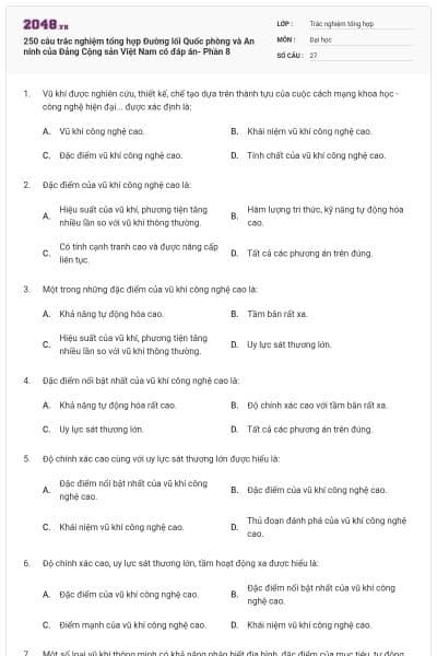 250 câu trắc nghiệm tổng hợp Đường lối Quốc phòng và An ninh của Đảng Cộng sản Việt Nam có đáp án- Phần 8