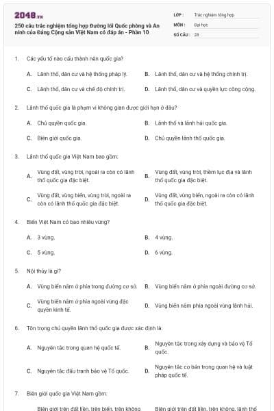 250 câu trắc nghiệm tổng hợp Đường lối Quốc phòng và An ninh của Đảng Cộng sản Việt Nam có đáp án - Phần 10