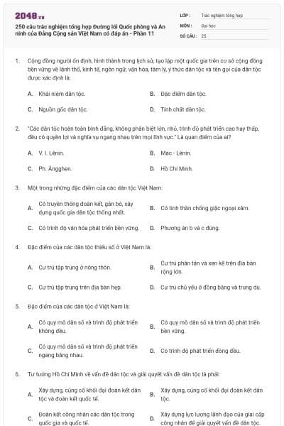250 câu trắc nghiệm tổng hợp Đường lối Quốc phòng và An ninh của Đảng Cộng sản Việt Nam có đáp án - Phần 11