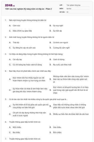 100+ câu trắc nghiệm Kỹ năng mềm có đáp án - Phần 2